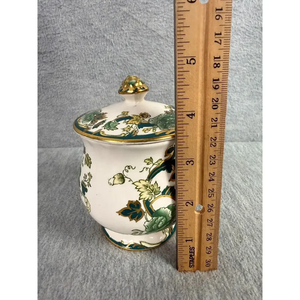 Mason's Ironstone China Mandalay Chartreuse Jam Jelly Jar with Lid Gold Trim